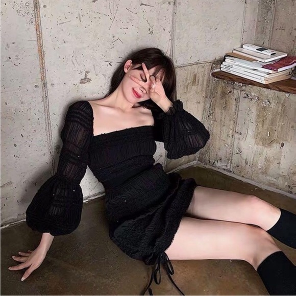 NEW Self-Portrait Shirred Chiffon Dress Black 6 - Picture 12 of 17